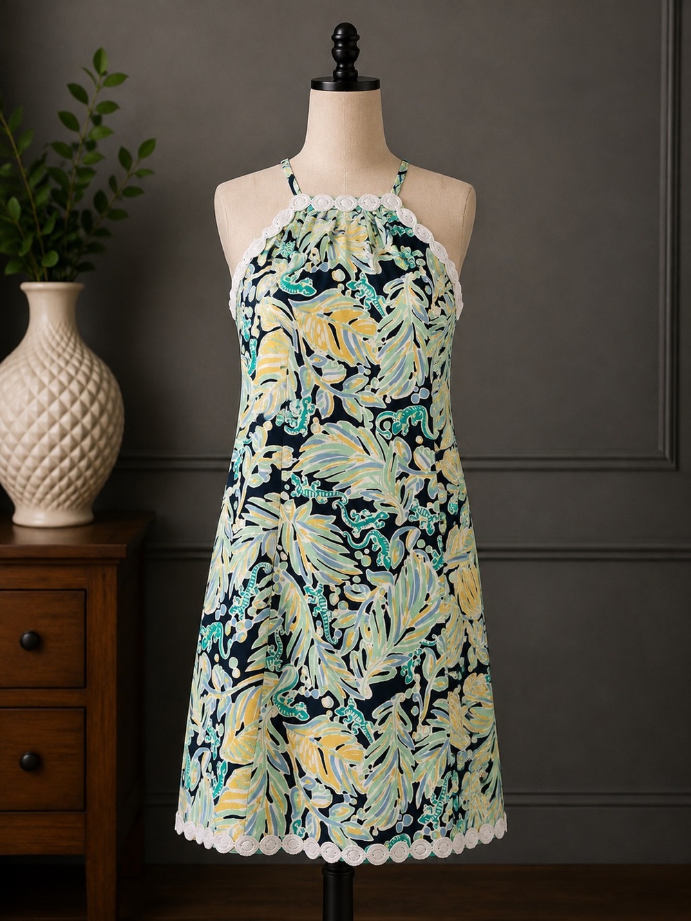 crown & ivy Navy Halter Mini Dress with Mint and Yellow Leaf Print